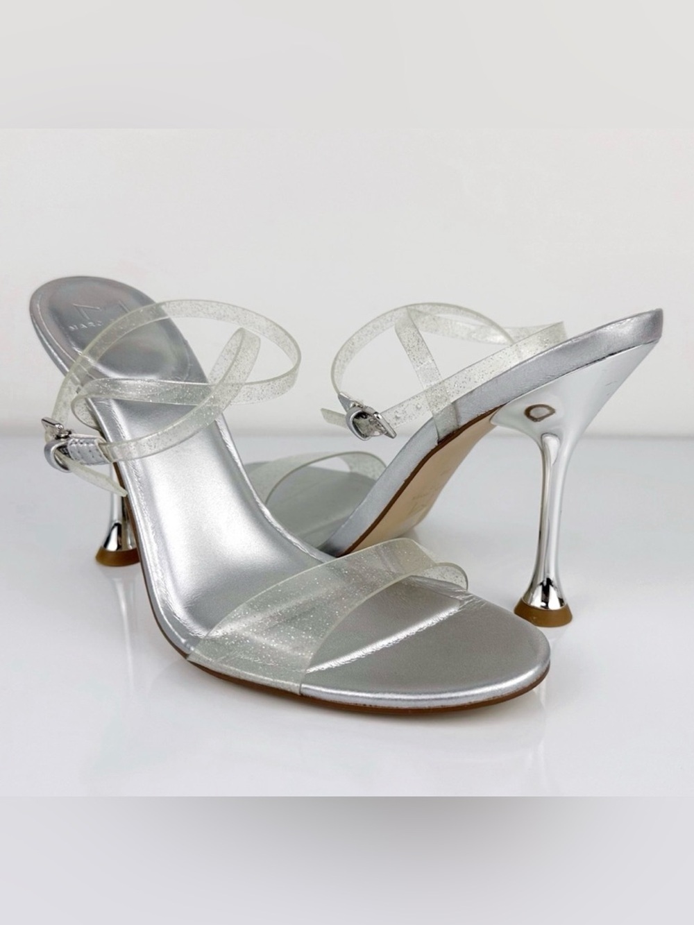 NWT Marc Fisher Women's Calisty
Strappy Heeled Sandals Clear Silver
Size 7.5 M